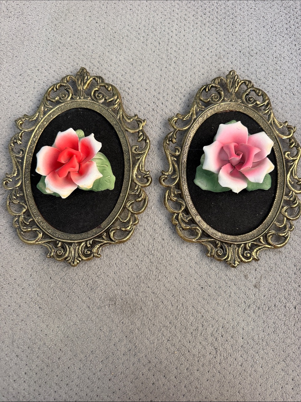Vintage Floral Wall Plaque Pair - Pink Gradient Roses